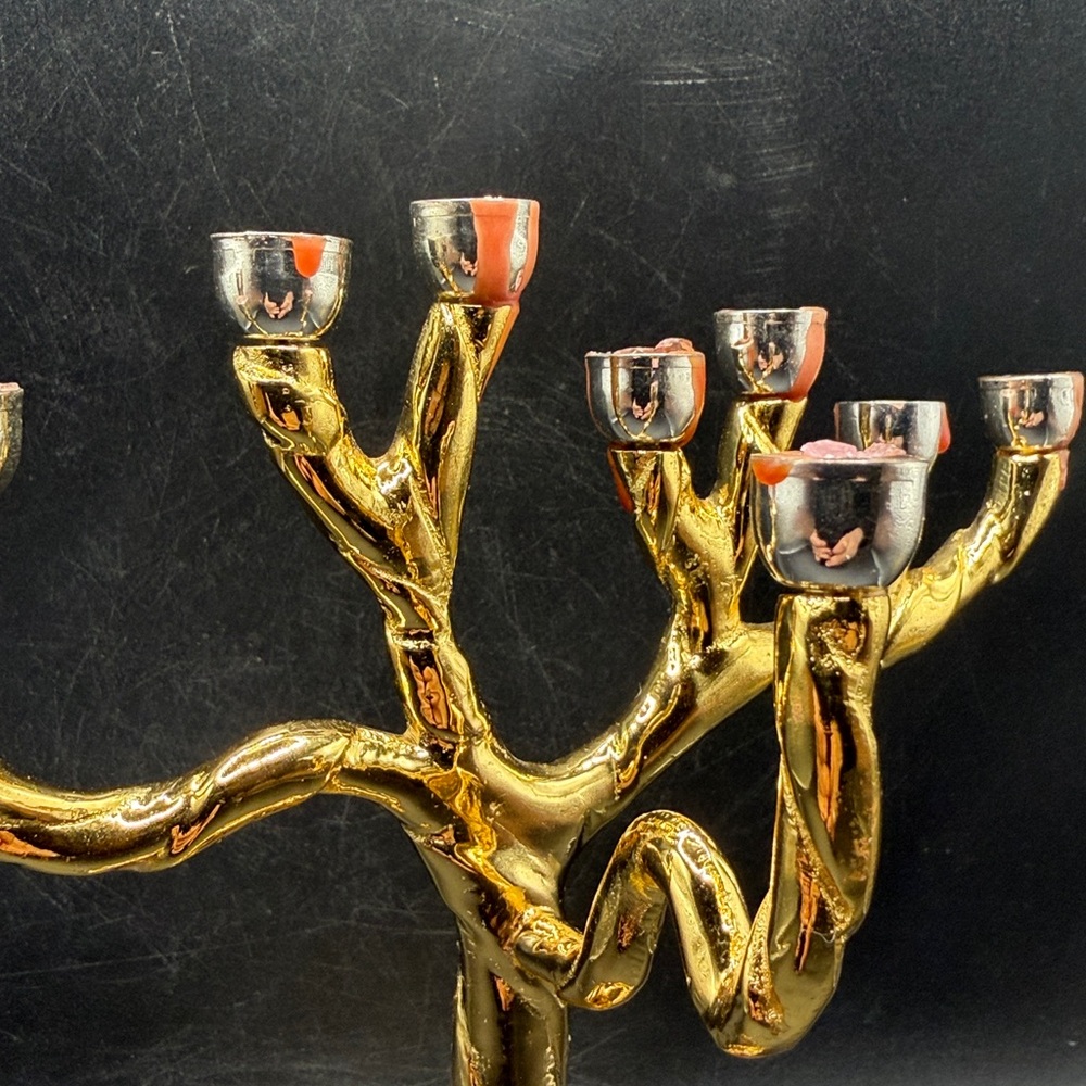 Tree of Life Jerusalem Gold & Silver Tn Metal Candelabra Menorah Candle Holder - Picture 13 of 14